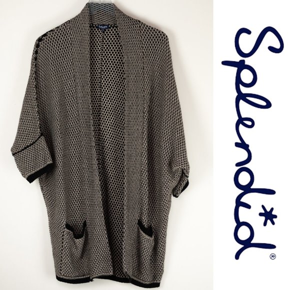 Splendid Sweaters - Splendid Knit Cardigan Oversized Batwing Sweater Open Front Tan Black Medium